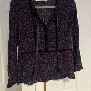 LOFT Black and Red Tie Front Long Sleeve Blouse